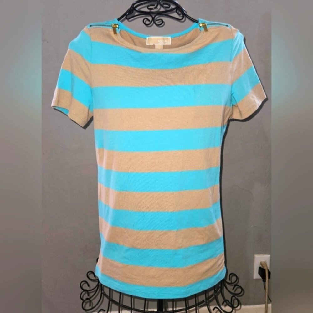 Micheal Kors striped tshirt with gold zipper accents on shoulders. Size medium.